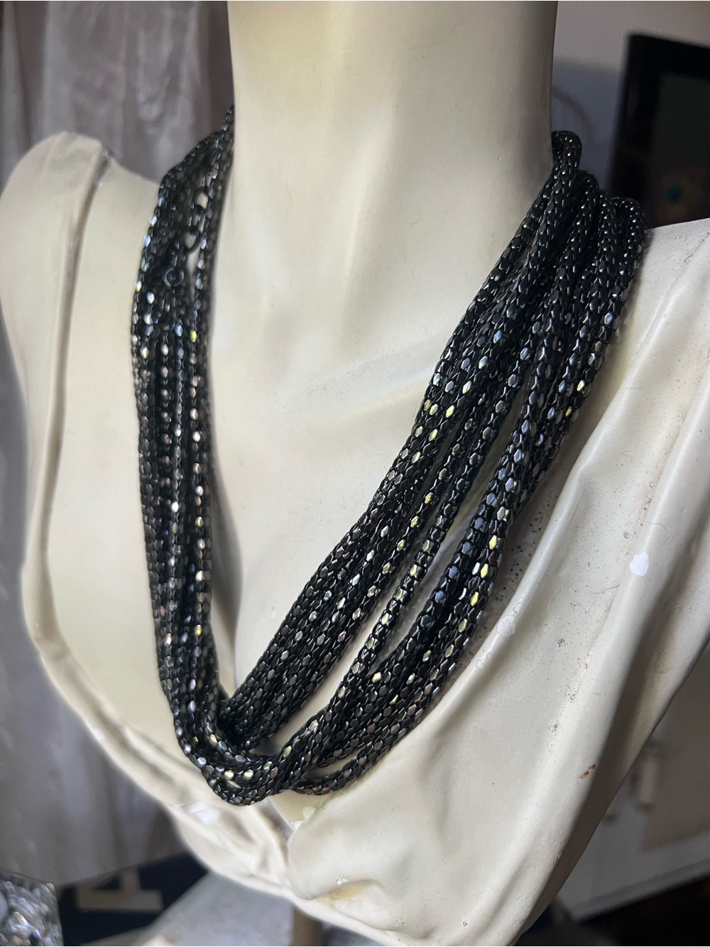 Black Multi-Strand Beaded Statement Necklace